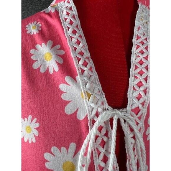 Pink W/Daisy Print Summer Dress Sz Large Baby Doll Bell Sleeves Beach Cover - Picture 3 of 6